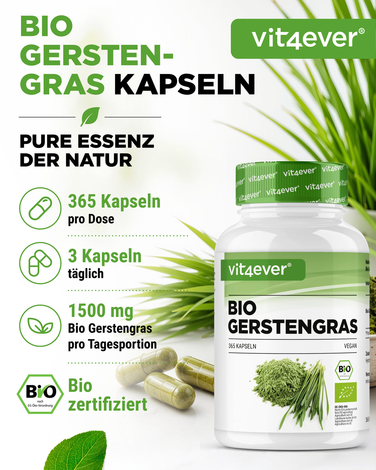 Herbe d'orge Bio - 365 gélules véganes