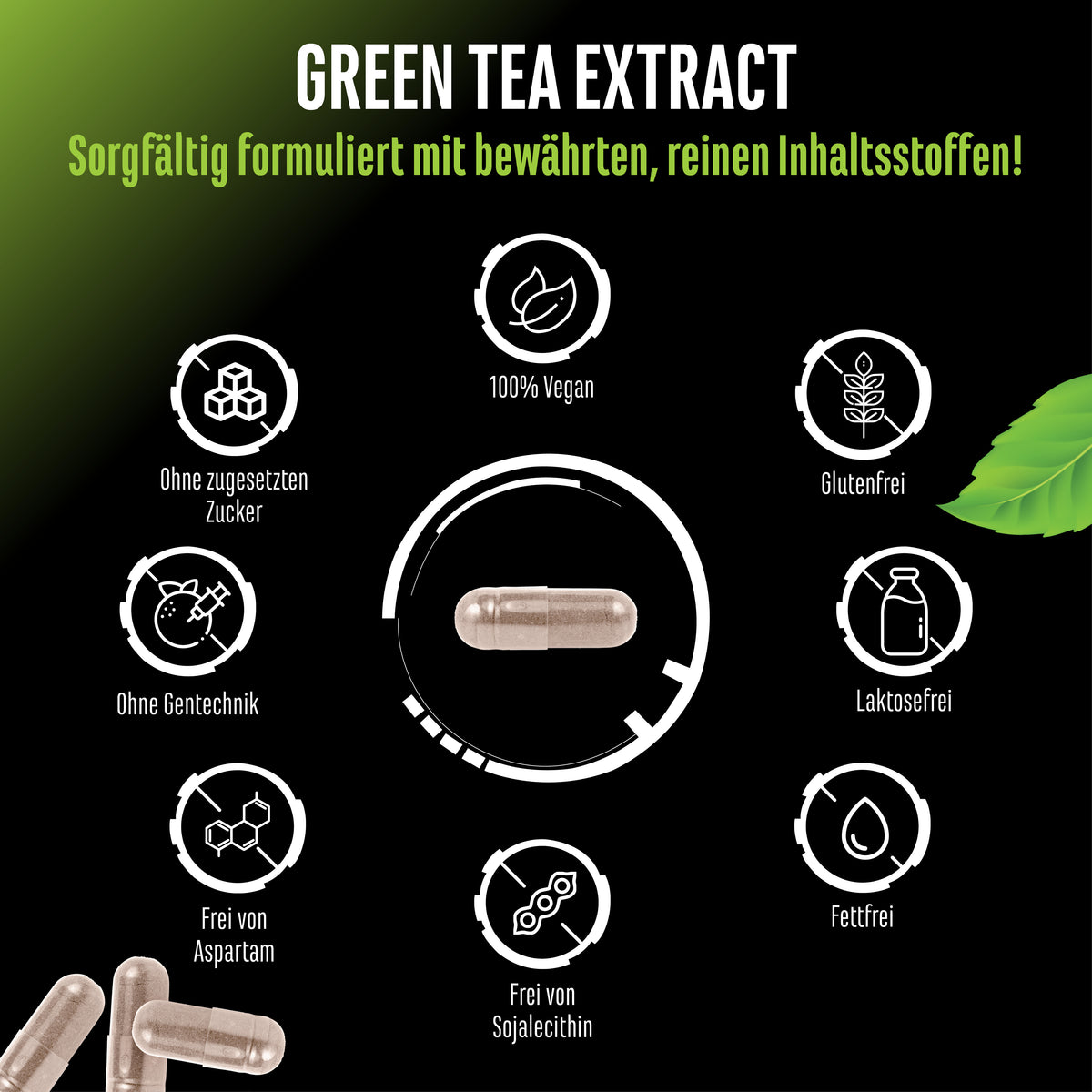 Fles Duitse Elite Nutrition groene thee-extract capsules met pictogrammen, groene bladeren en tekst in afbeeldingslijstfuncties.