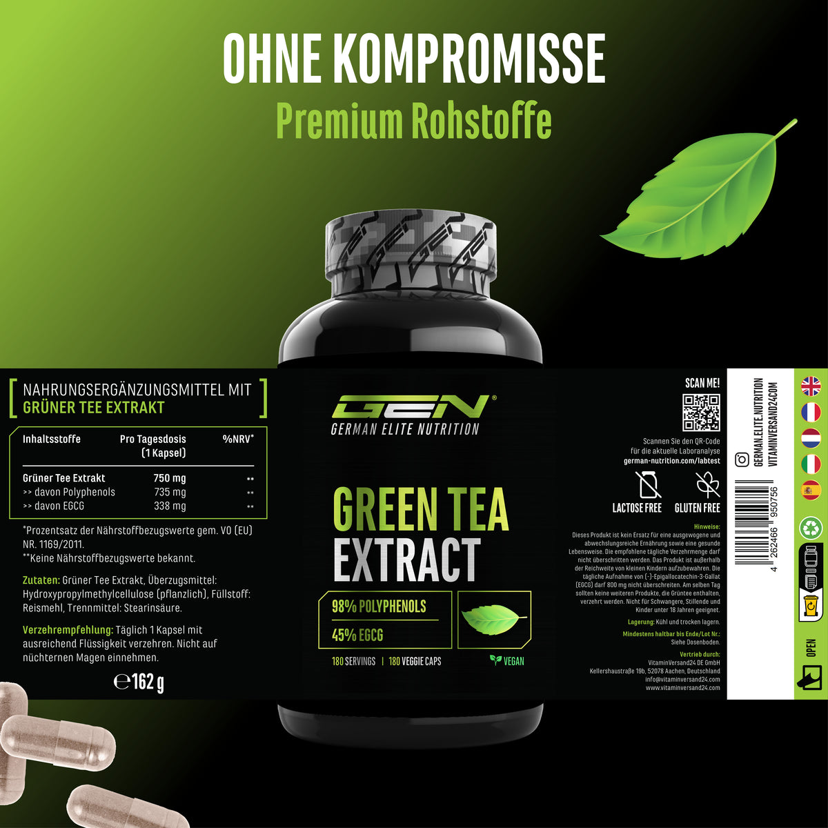 Een fles German Elite Nutrition Green Tea Extract met capsules op groene achtergrond; Tekst in de afbeelding: 98 polyfenolen, 45 EGCG, pictogrammen voor veganistisch, lactosevrij, glutenvrij.