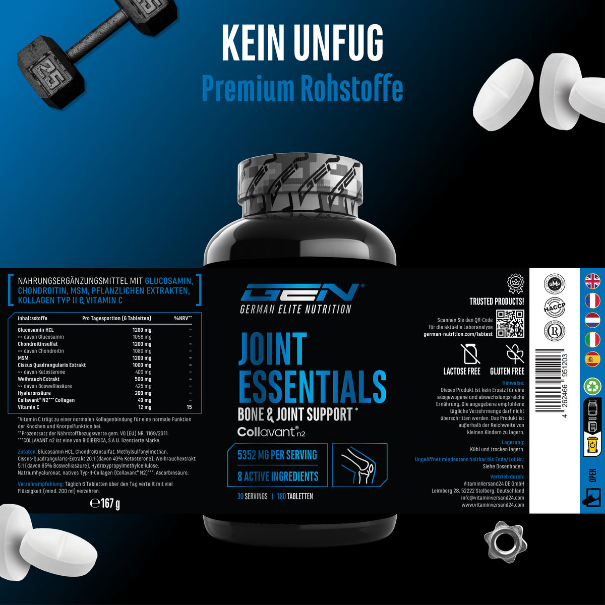 Een fles Joint Essentials staat in het midden van een blauw-zwarte achtergrond, ernaast bevinden zich witte tabletten en een halter. Tekst in de afbeelding: "MSM", "Glucosamine", "8 Werkzame stoffen", "180 Tabletten".
