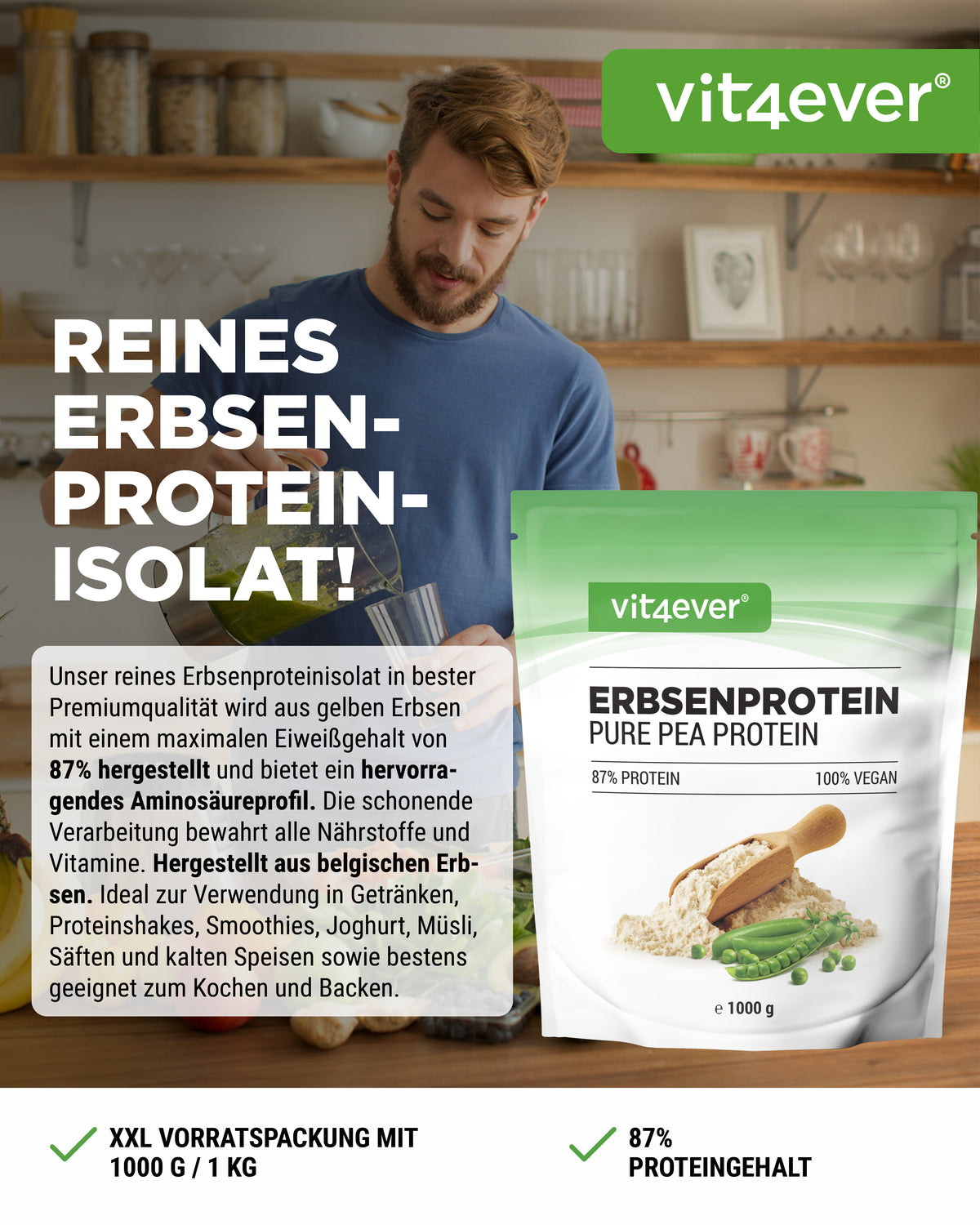 Proteína de guisante en polvo - 87% de contenido proteico