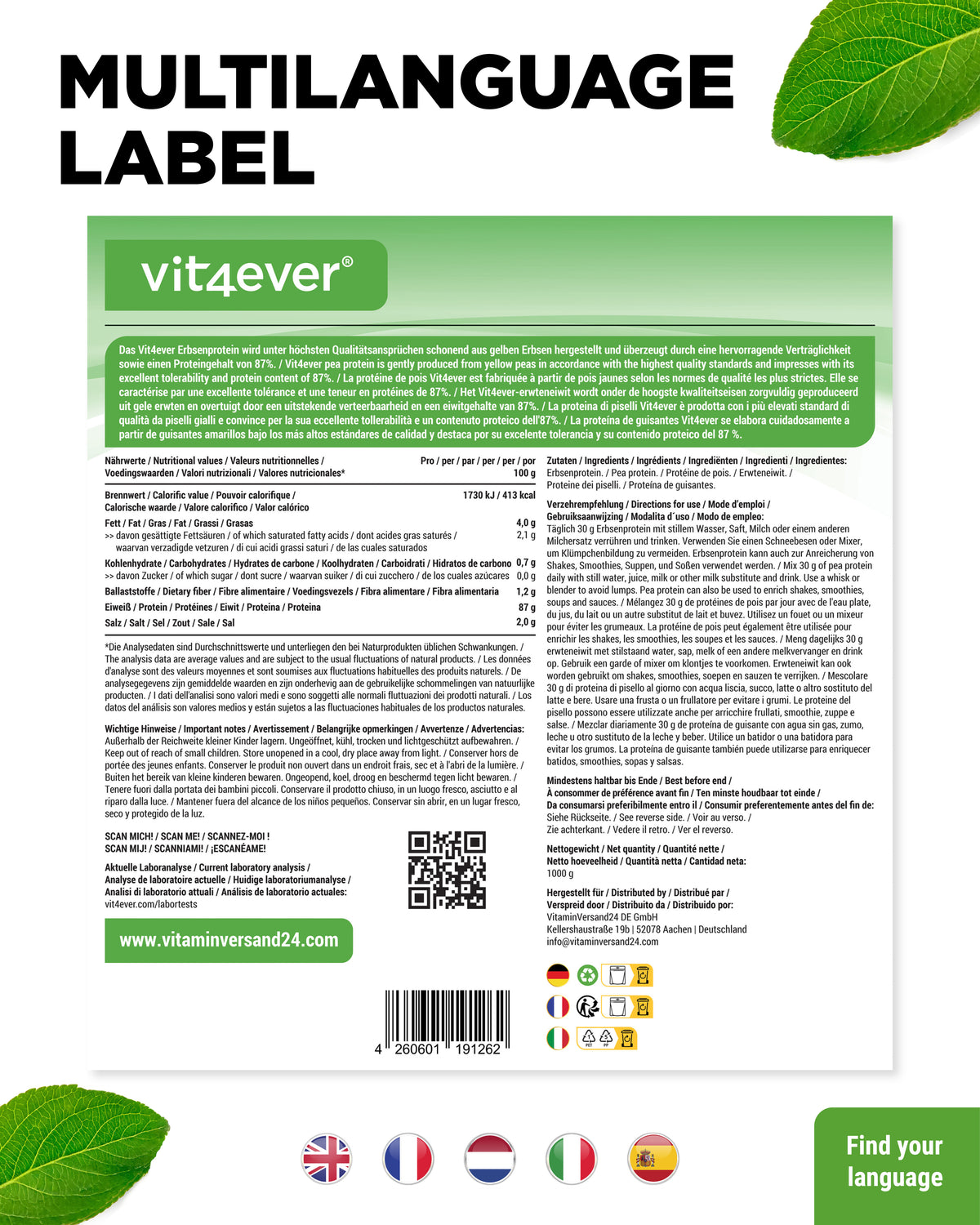 Polvere di proteine di pisello - 87% di contenuto proteico