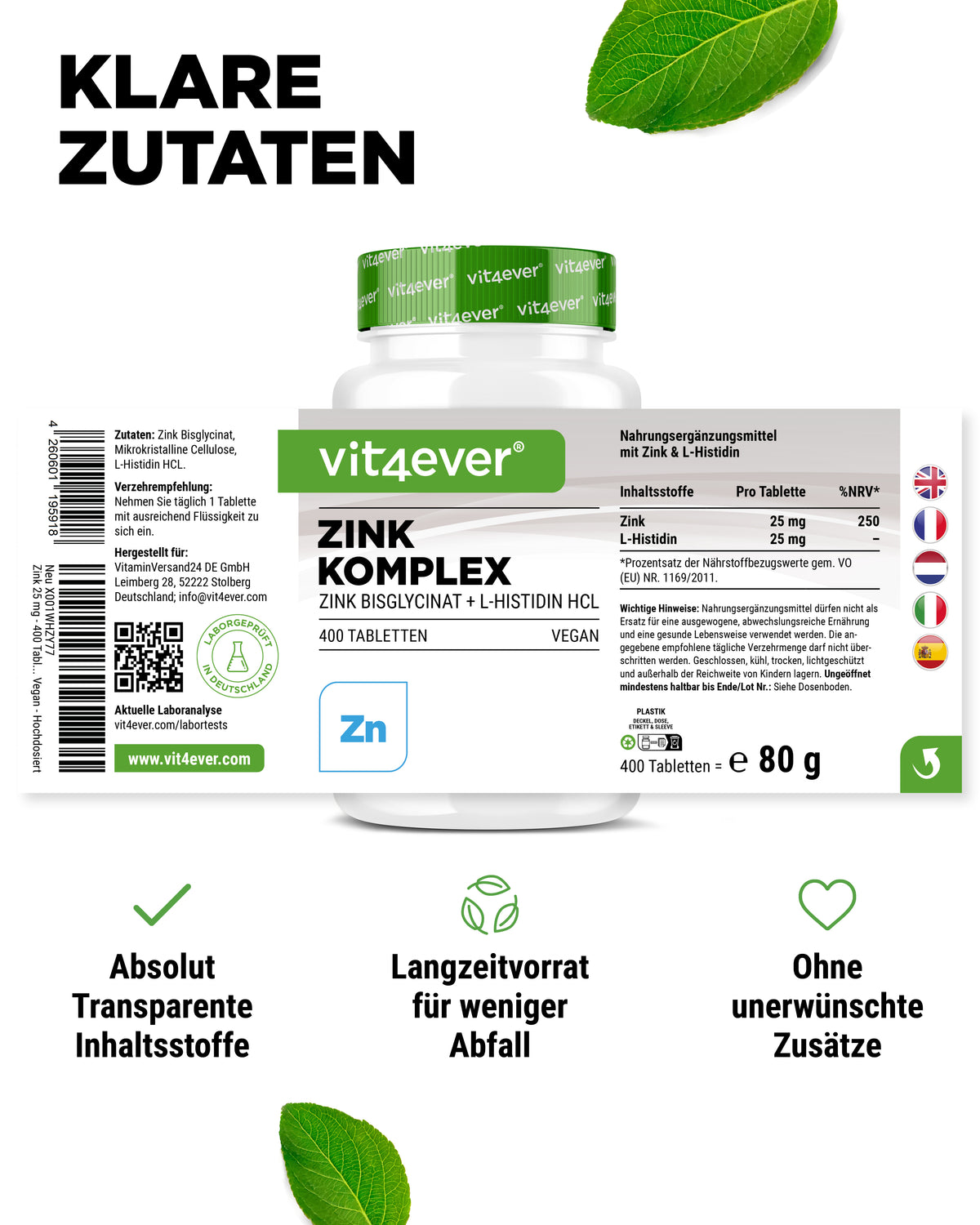 Zink 25 mg Komplex mit Bisglycinat + L-Histidin