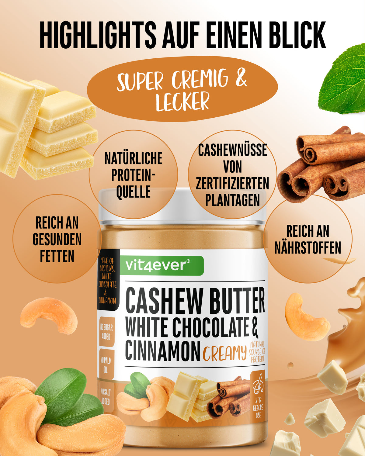 Crema de anacardo - chocolate blanco y canela, 1000 g