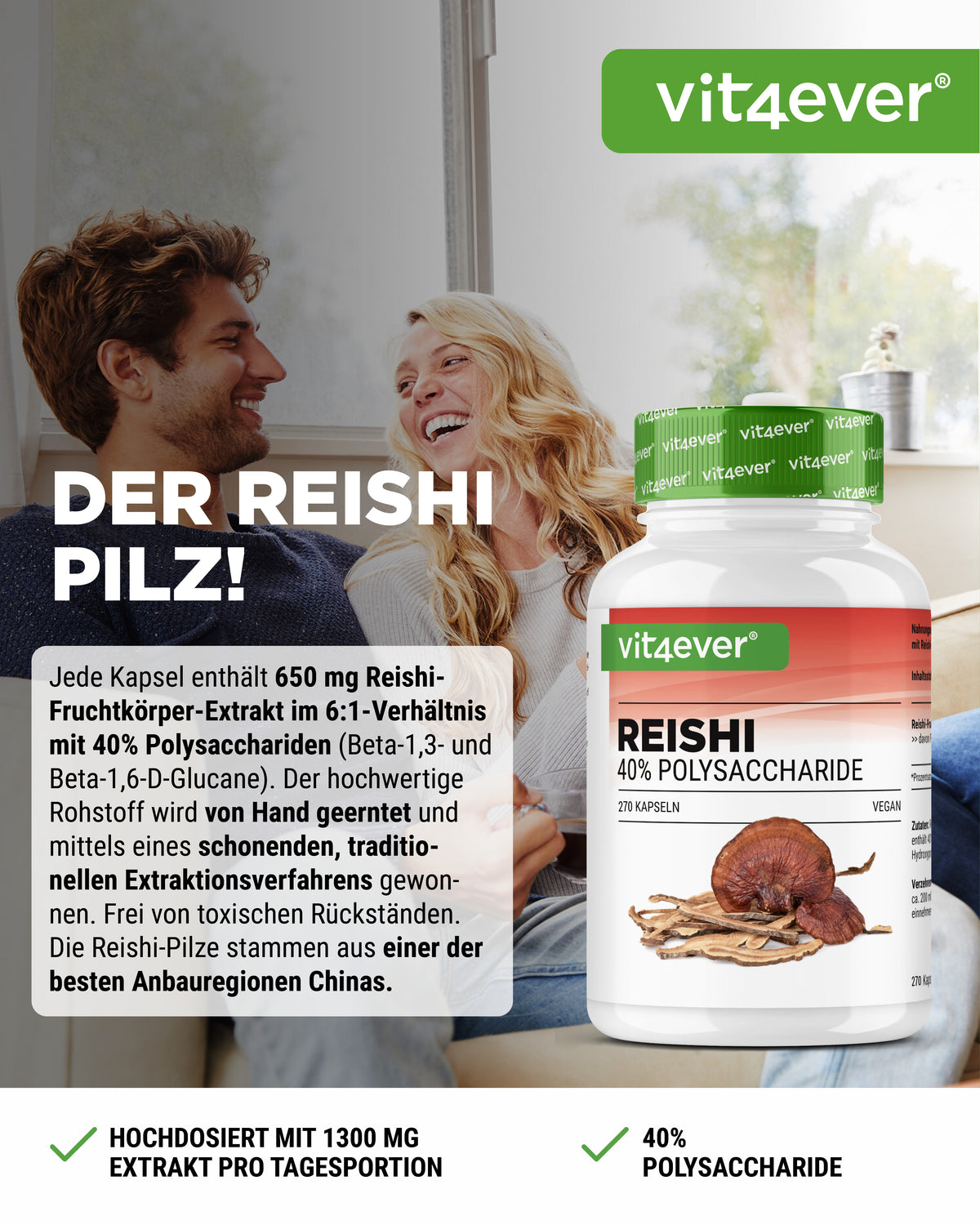 Reishi Intenso Mushroom - 650 mg Extract - 40% Bioactive Polysaccharides