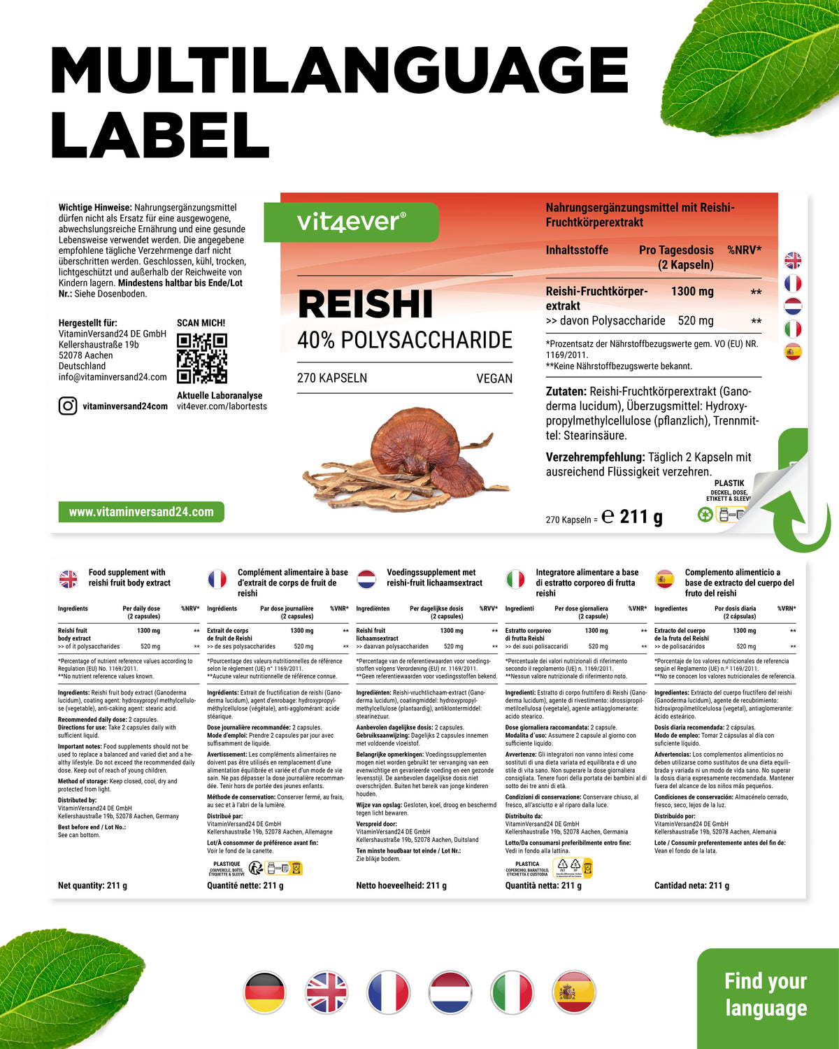 Reishi Intenso champignon - 650 mg extrait - 40% de polysaccharides bioactifs