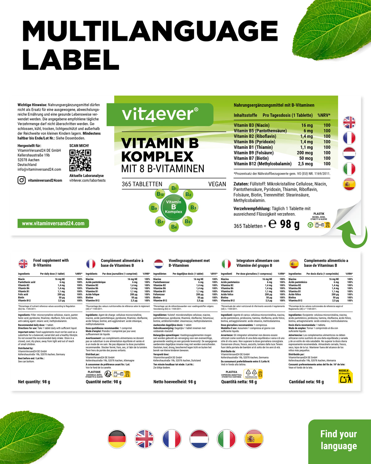 Vitamine B Complexe - 8 vitamines B - 365 comprimés