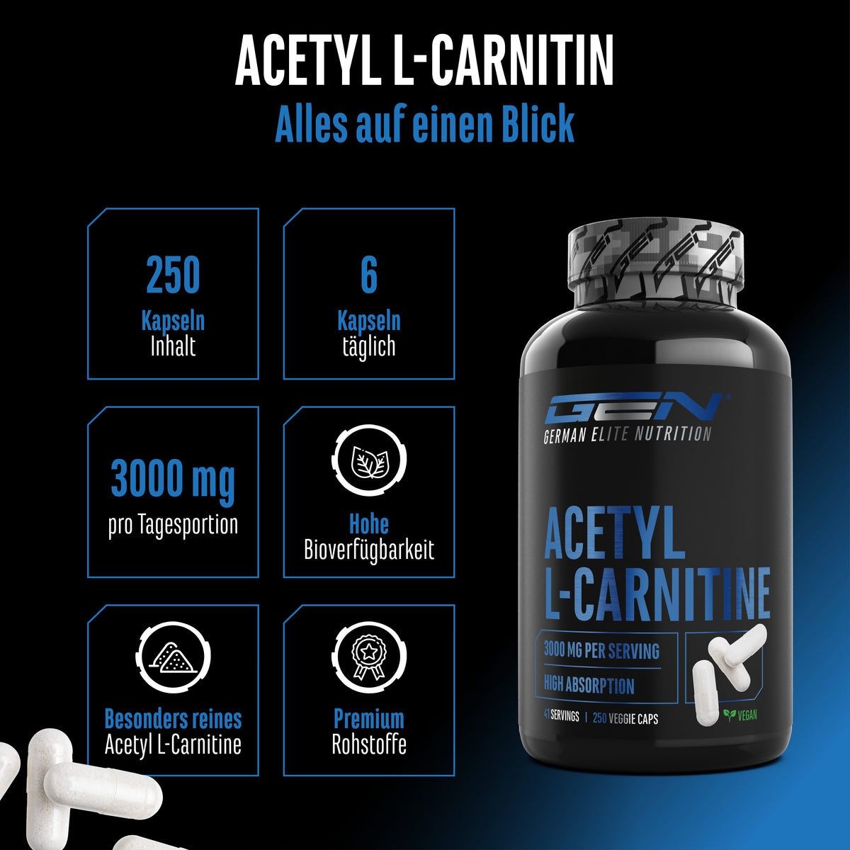 Une bouteille portant l'inscription "Acétyl L-Carnitine German Elite Nutrition" ; Texte dans l'image : "250 capsules véganes, dose quotidienne de 3000 mg".