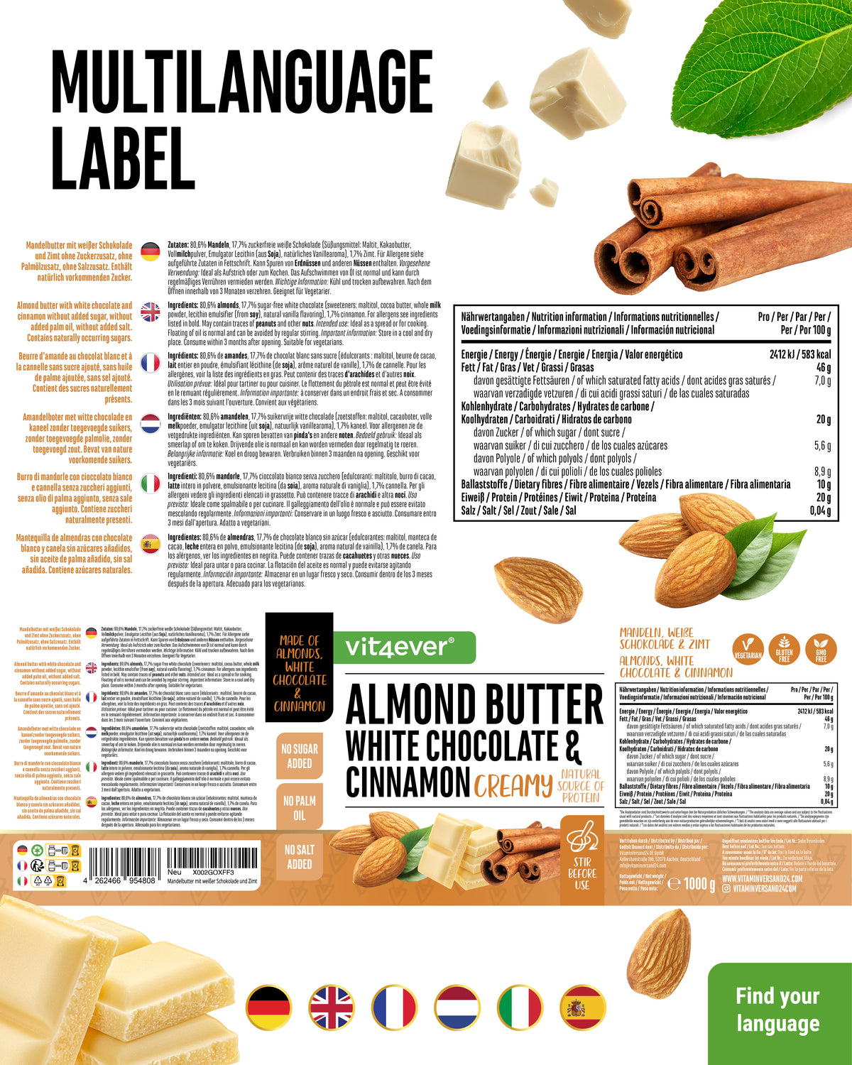 Purée d'amande - Chocolat blanc & Cannelle 1000 g
