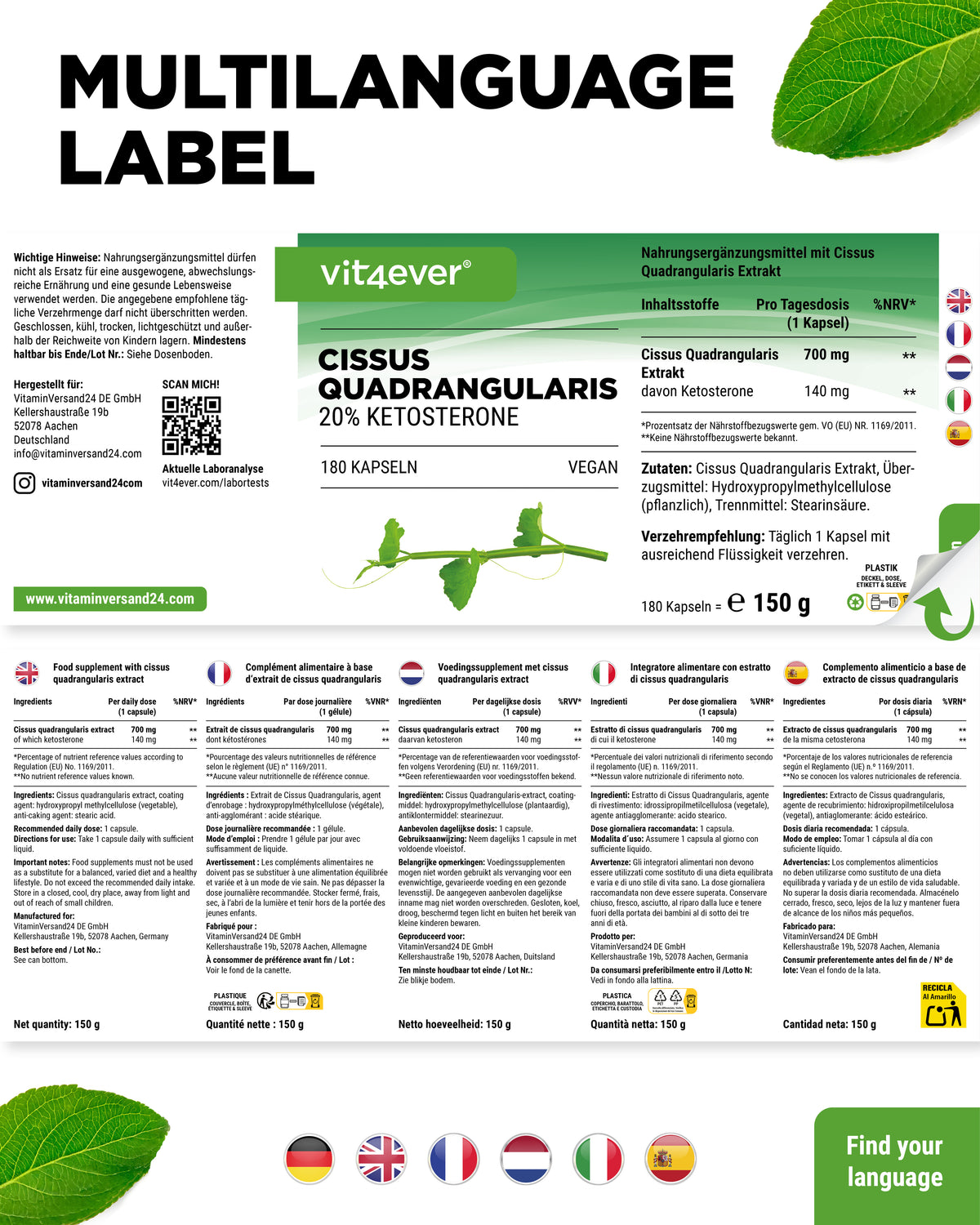 Cissus Quadrangularis - 725 mg estratto - 40% chetosteroni
