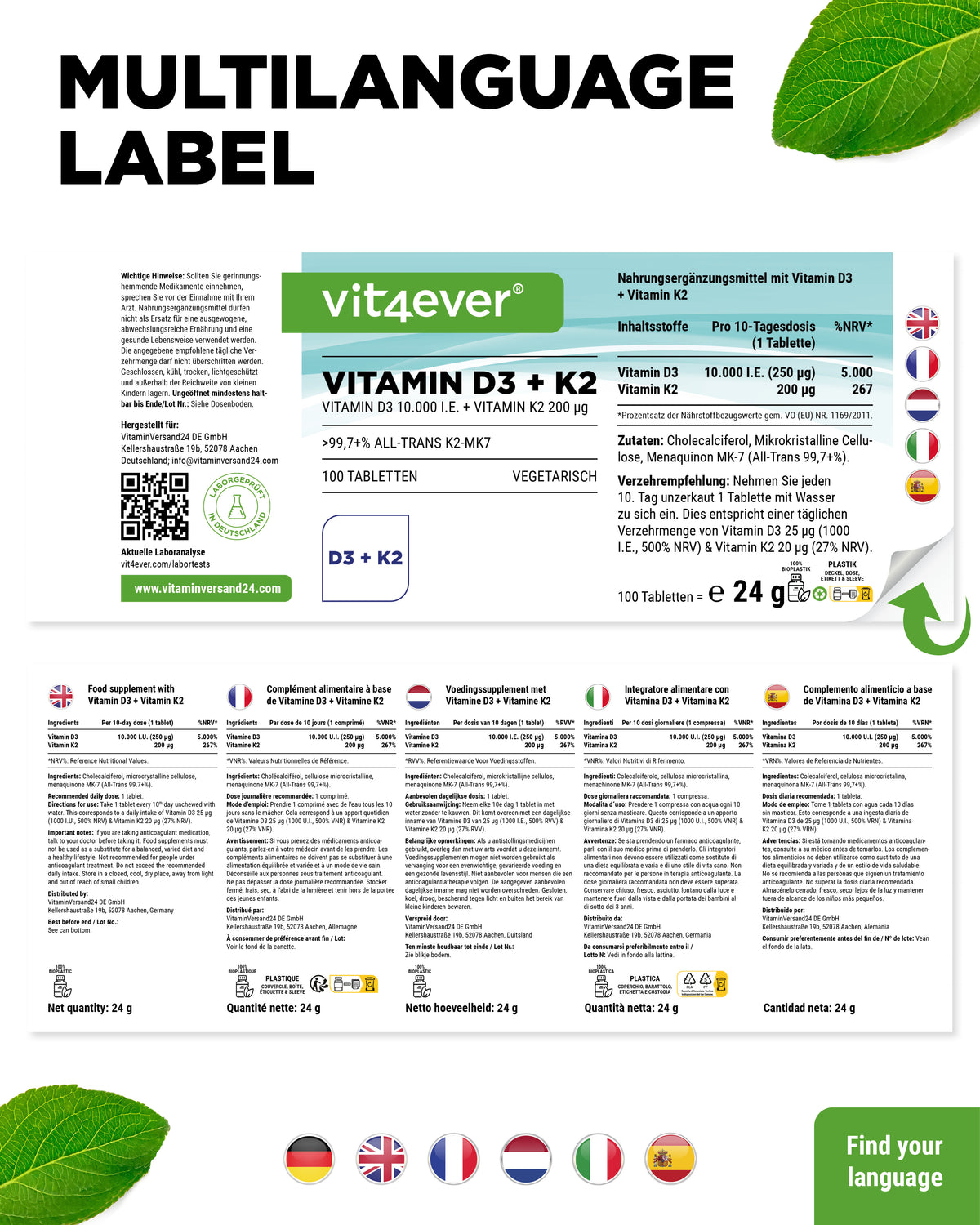 Vitamine D3 10.000 I.E. + Vitamine K2 200 mcg