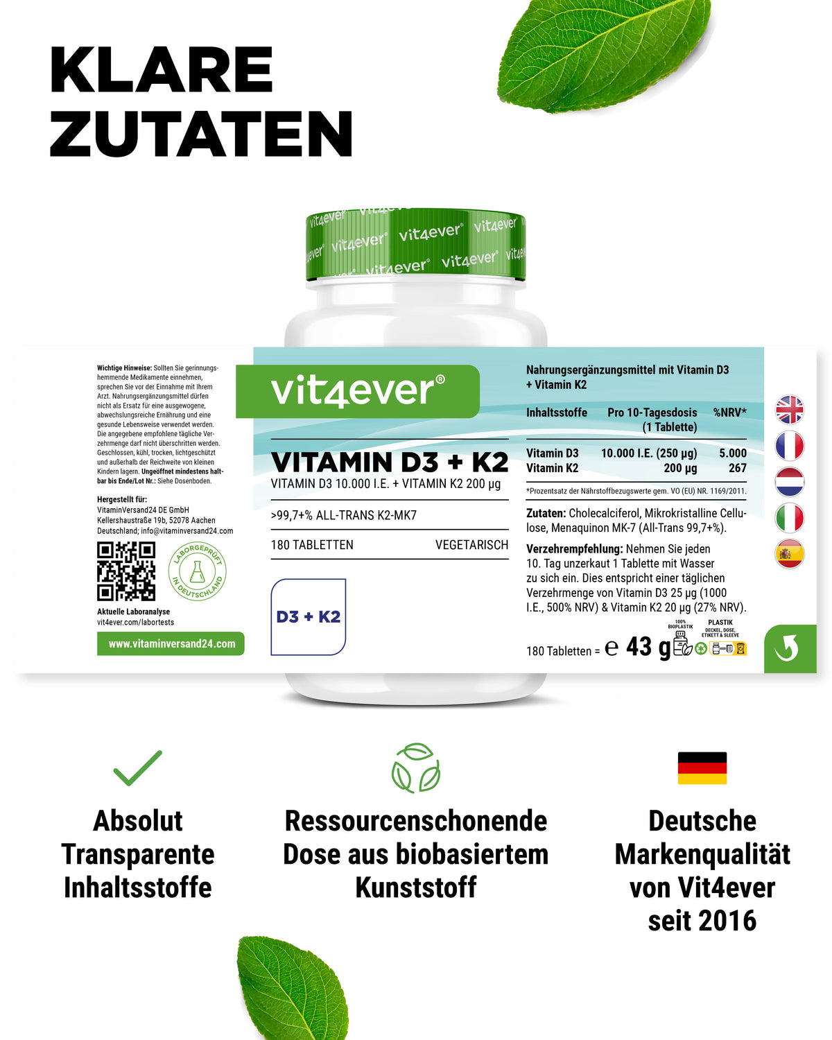 Vitamine D3 10.000 I.E. + Vitamine K2 200 mcg