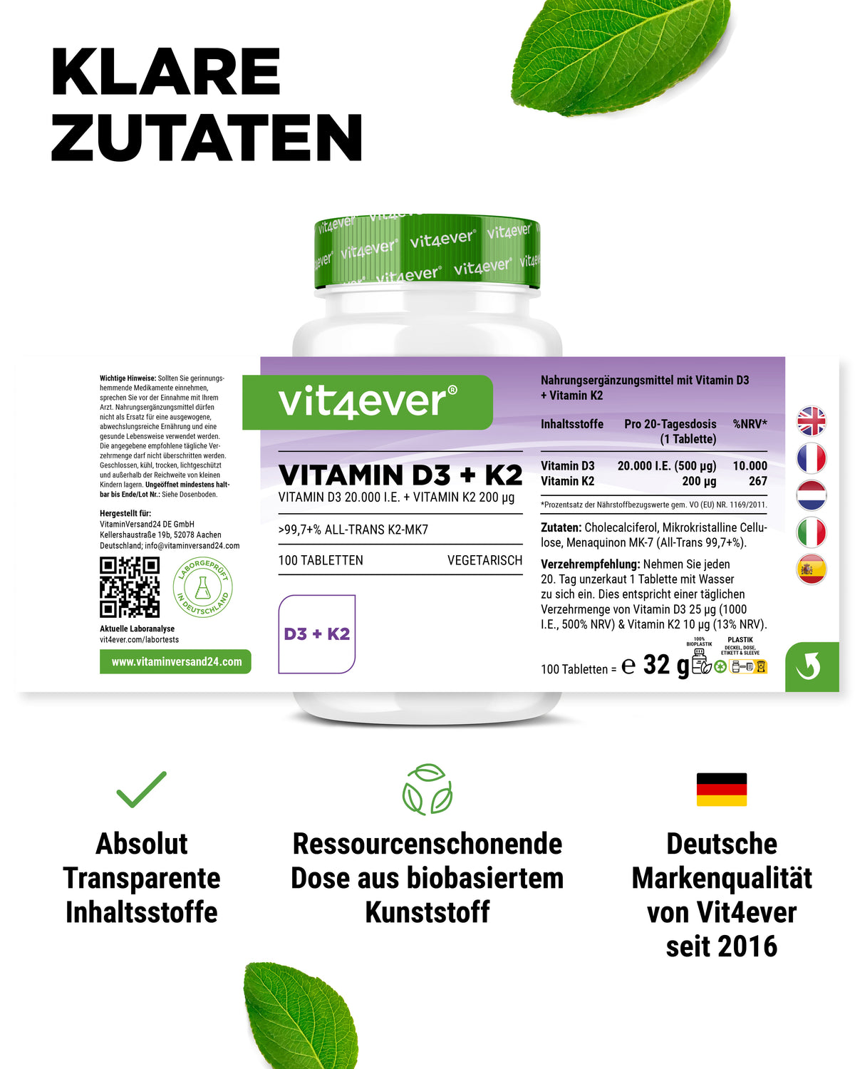 Vitamine D3 20.000 UI + Vitamine K2 200 mcg