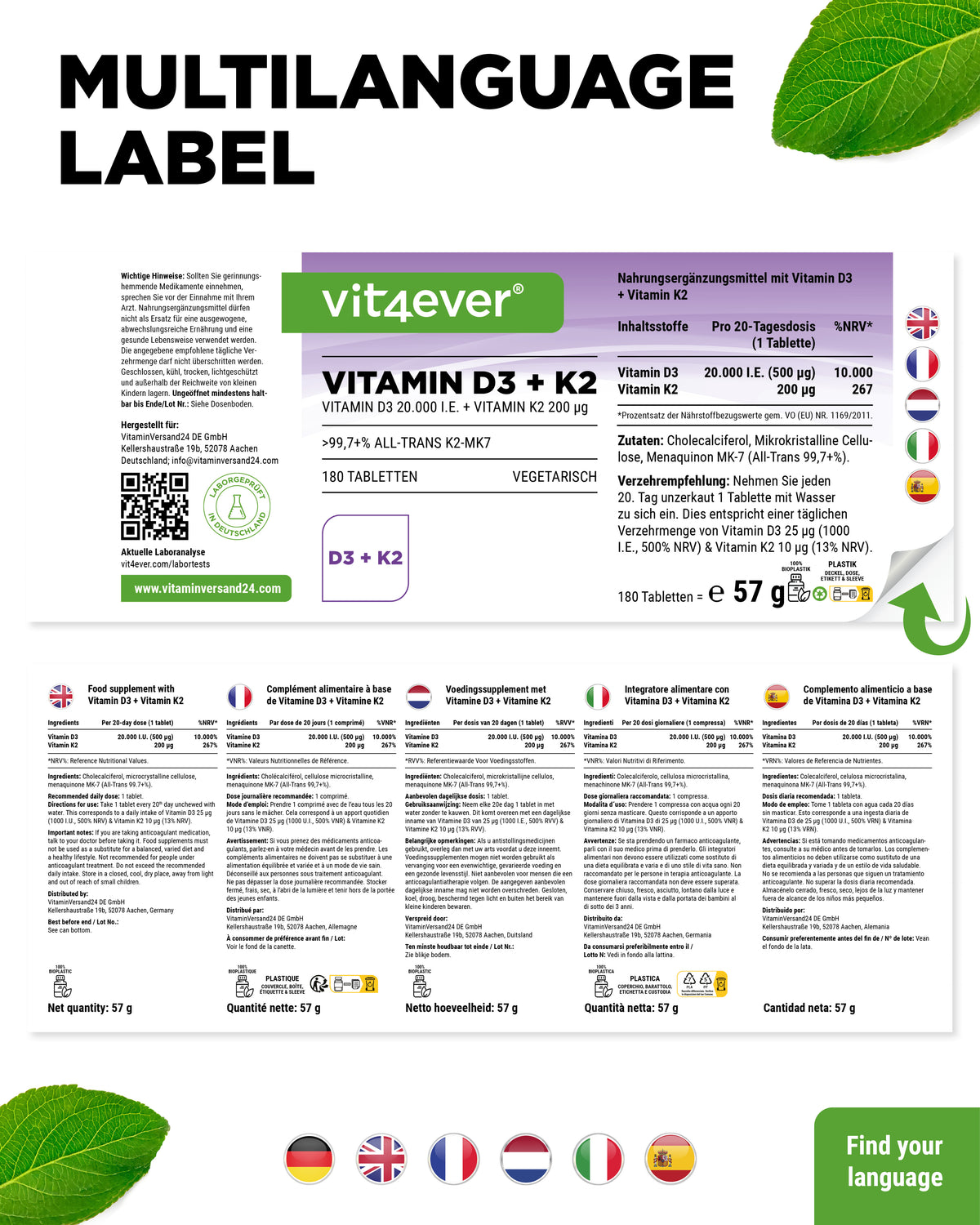 Vitamine D3 20.000 UI + Vitamine K2 200 mcg