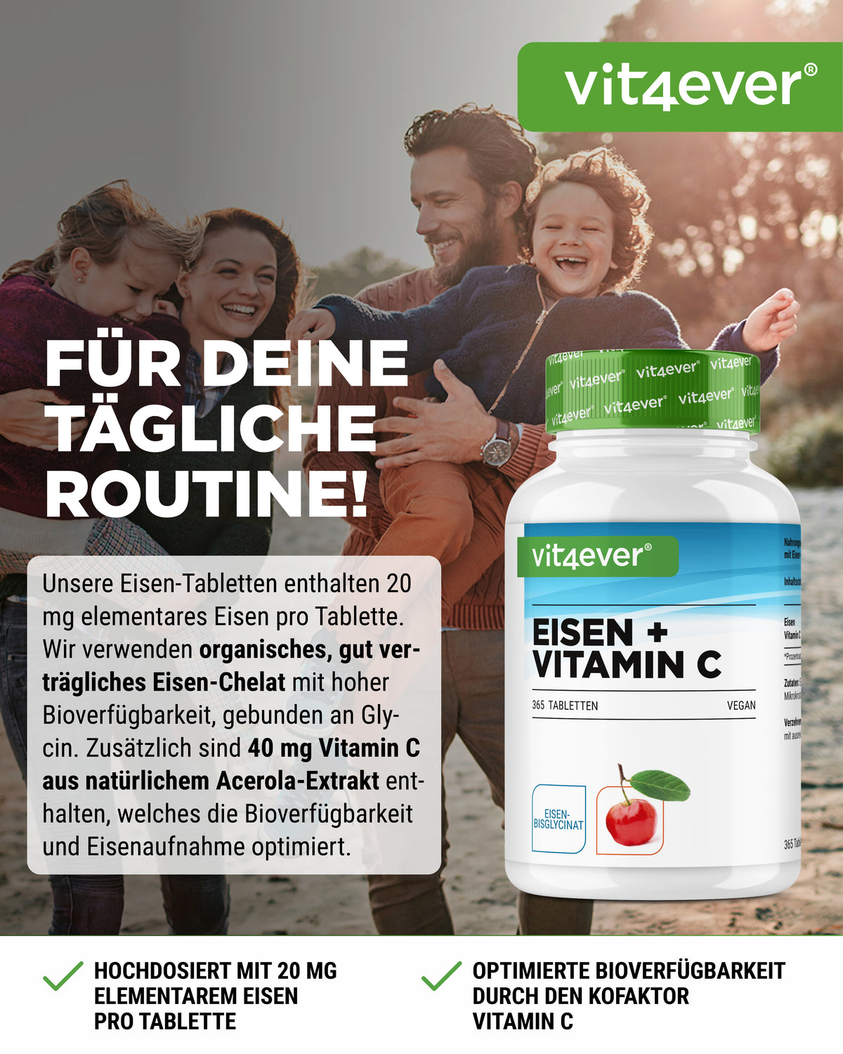 Hierro + Vitamina C - Bisglicinato de hierro - 365 tabletas