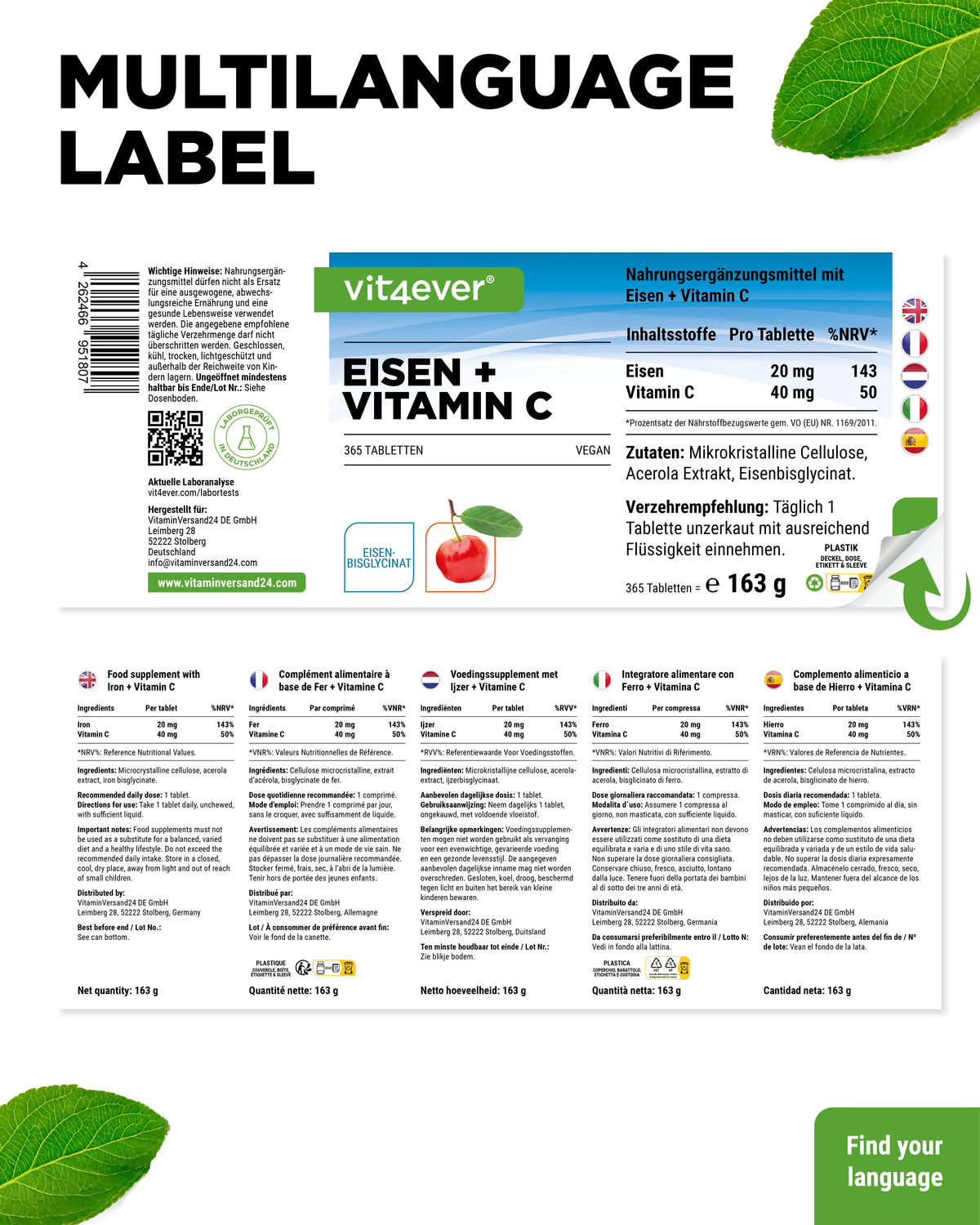 Ferro + Vitamina C - Bisglicinato di ferro - 365 compresse