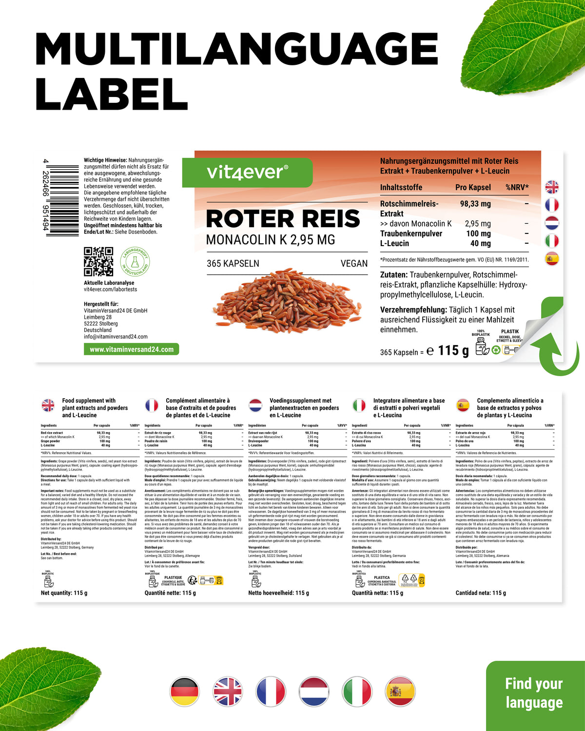 Rode Rijst Extract - 2,95 mg Monacolin K, 365 Capsules