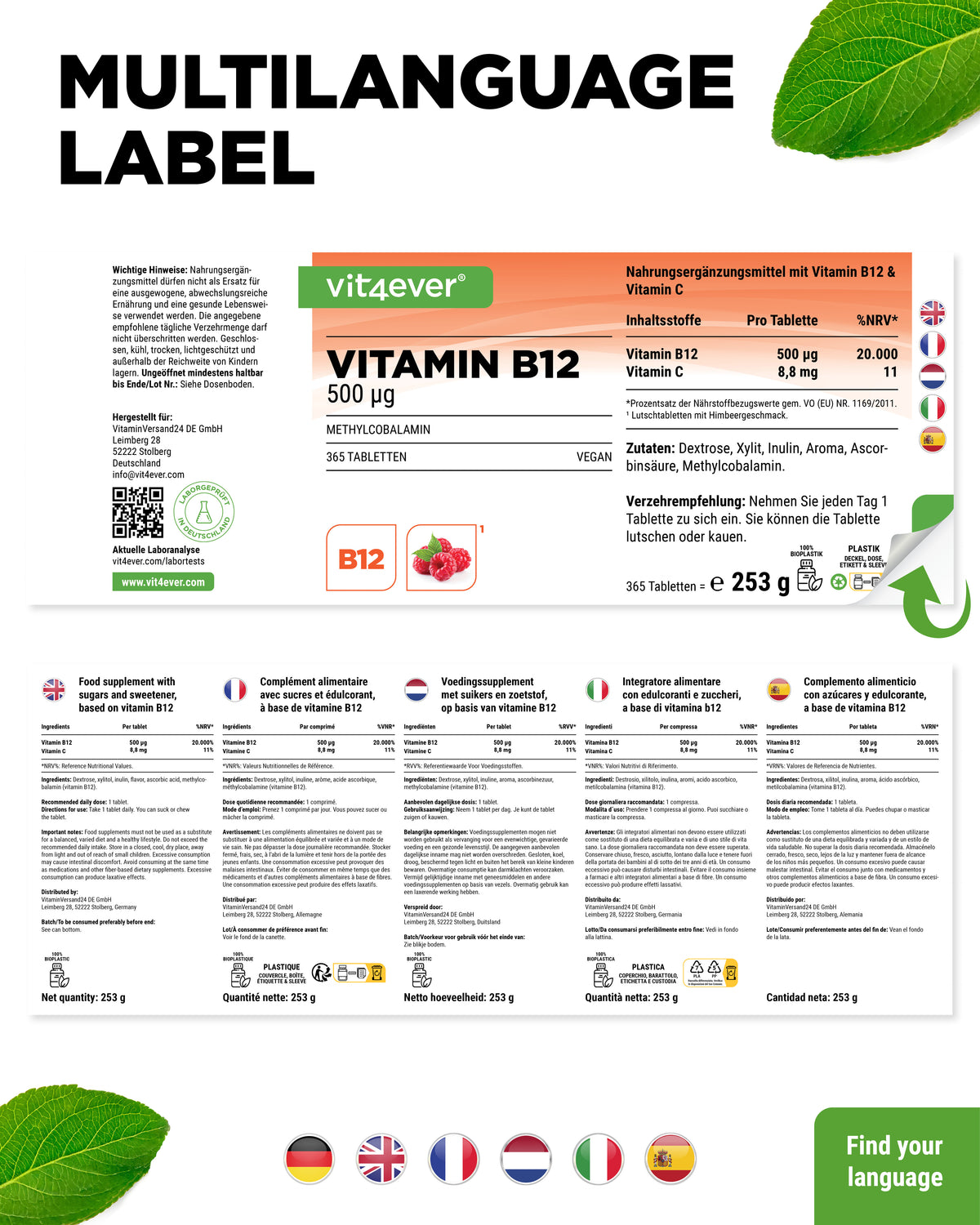 Vitamina B12 - 500 mcg - Sabor frambuesa